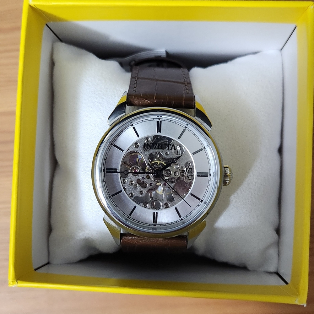 Invicta Mechanical Silver Skeleton Watch with Brown Strap NWOT